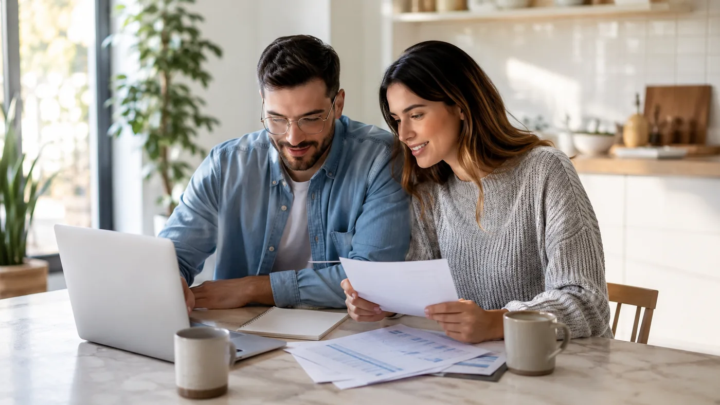 First-time home buyers reviewing their mortgage budget and paperwork, preparing before they shop