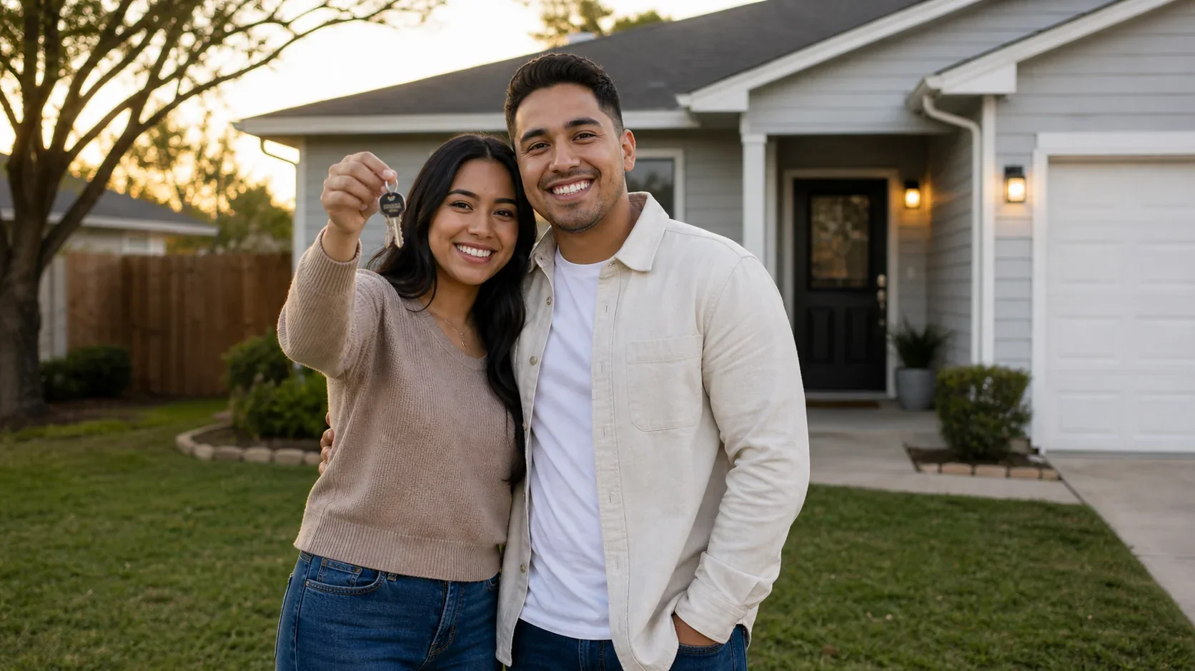 Houston first-time home buyers holding the keys to their new home